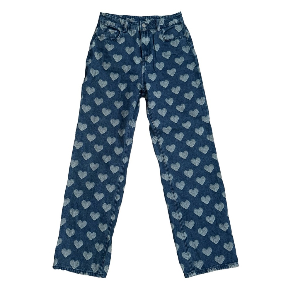 Heart Print High Waisted Straight Leg Jeans